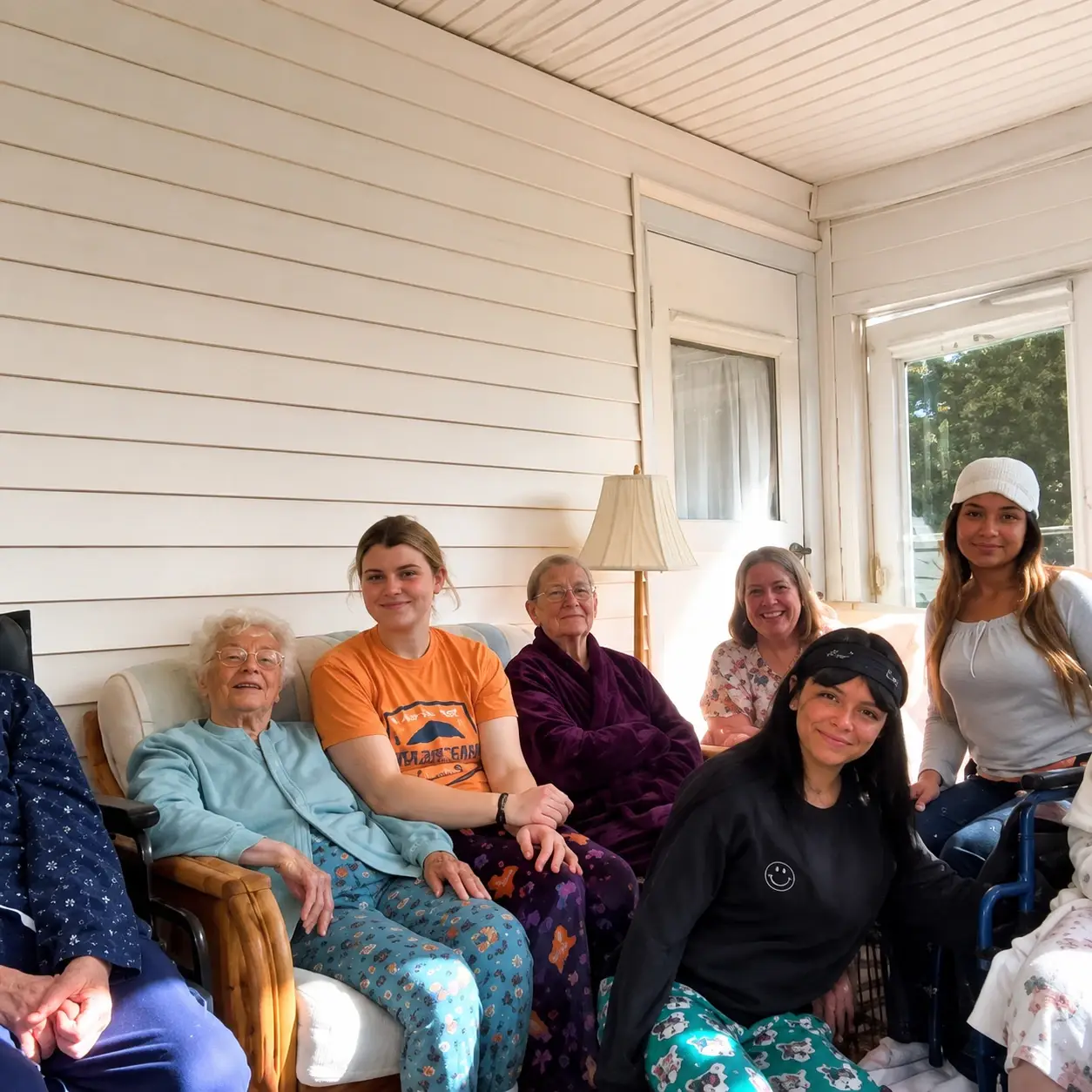 Memory care residents and caregivers in a warm home-like setting